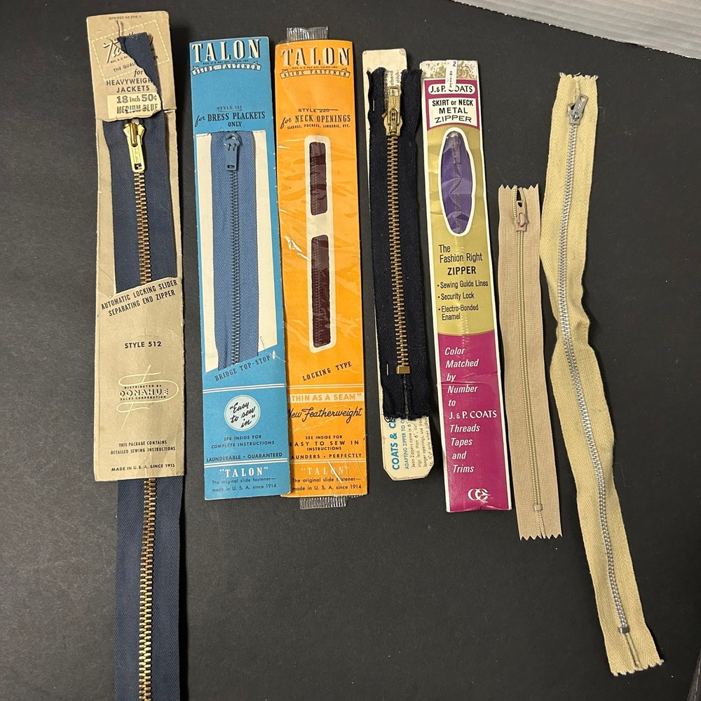 Vintage Talon J&P Coats Zippers Lot 7pc Multi Size Color Mixed Metal Nylon